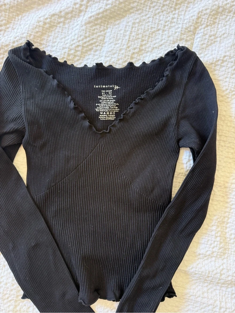 Free People Black Ribbed V-Neck Lettuce-Edge Long Sleeve Top